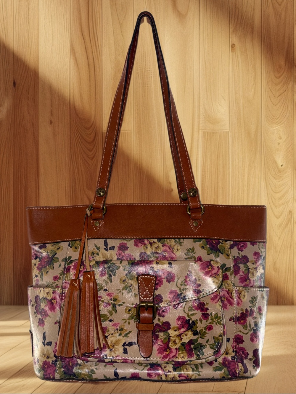 Patricia Nash Prairie Rose Floral Leather Tote Brown Cognac Tassel Buckle